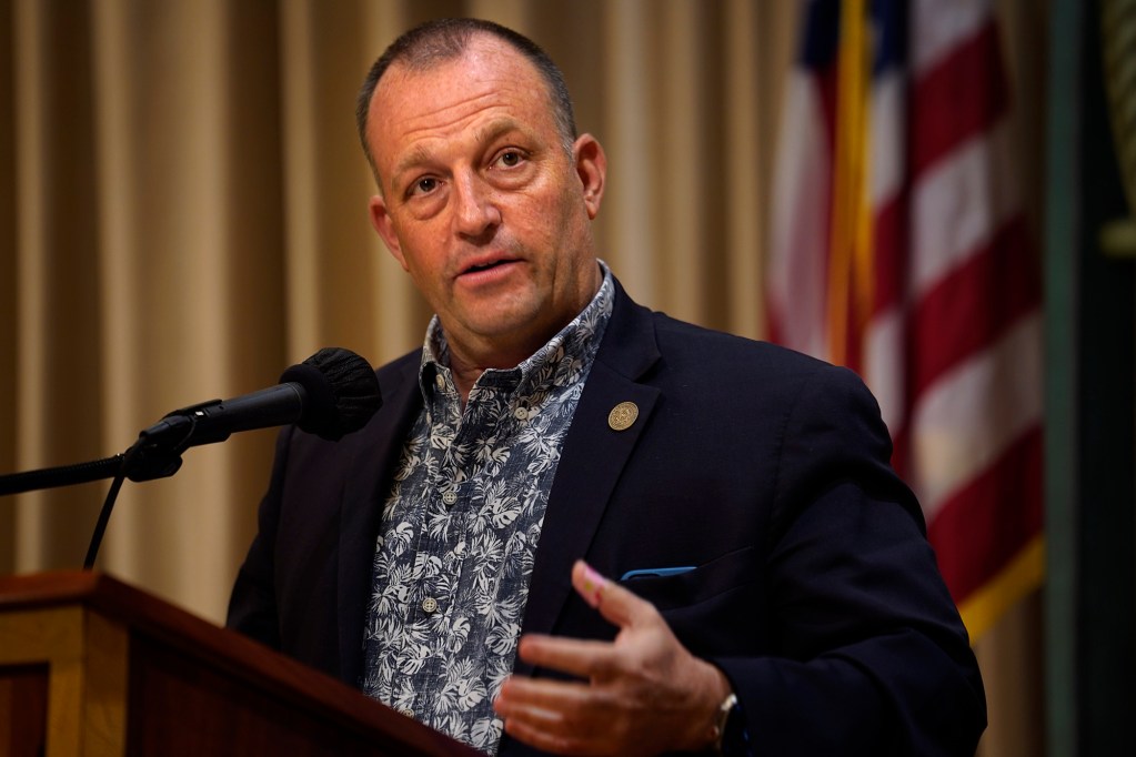 Gov. Josh Green announces the One Ohana Fund Tuesday, Feb. 27, 2024, in Honolulu. The fund is designed to compensate loss of life and injury for those who survived the Aug. 8 fire on Maui. (Kevin Fujii/Civil Beat/2024)
