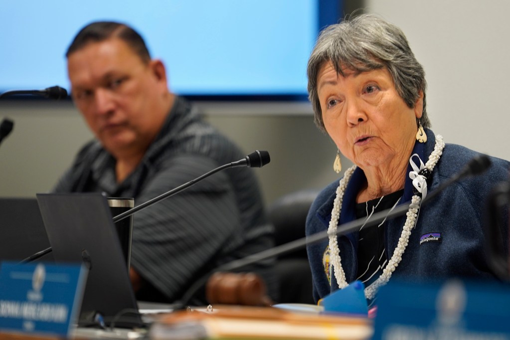 The Senate committee on higher education committee Vice Chair Michelle Kidani asks Lauren Akitake a question during her confirmation hearing for University of Hawaii Board of Regents Tuesday, Feb. 27, 2024, in Honolulu. (Kevin Fujii/Civil Beat/2024)