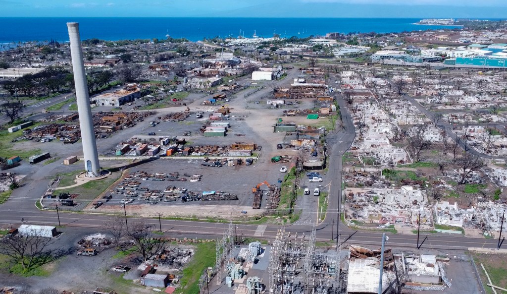 The majority of the remains of people who died in the Aug. 8 Lahaina fire were found along Kahua Street (middle) and other adjacent roads near the Pioneer Mill Smoke Stack.