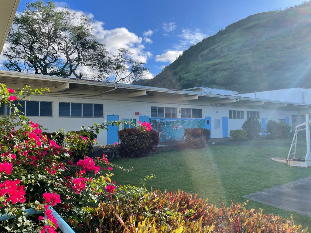 Photo shows the courtyard of St. Francis Souza school.