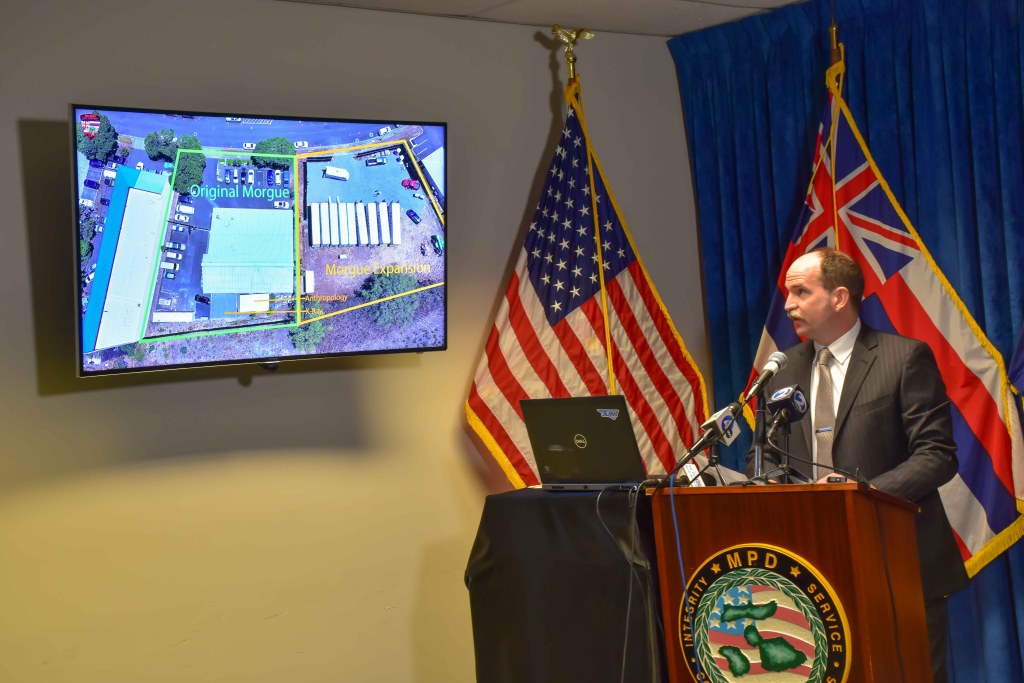 Dr. Jerry Stuelpnagel, the coroner’s physician, showed the morgue expansion that was necessary to deal with the identification of the remains of Lahaina fire victims. (Cammy Clark/Civil Beat/2024)