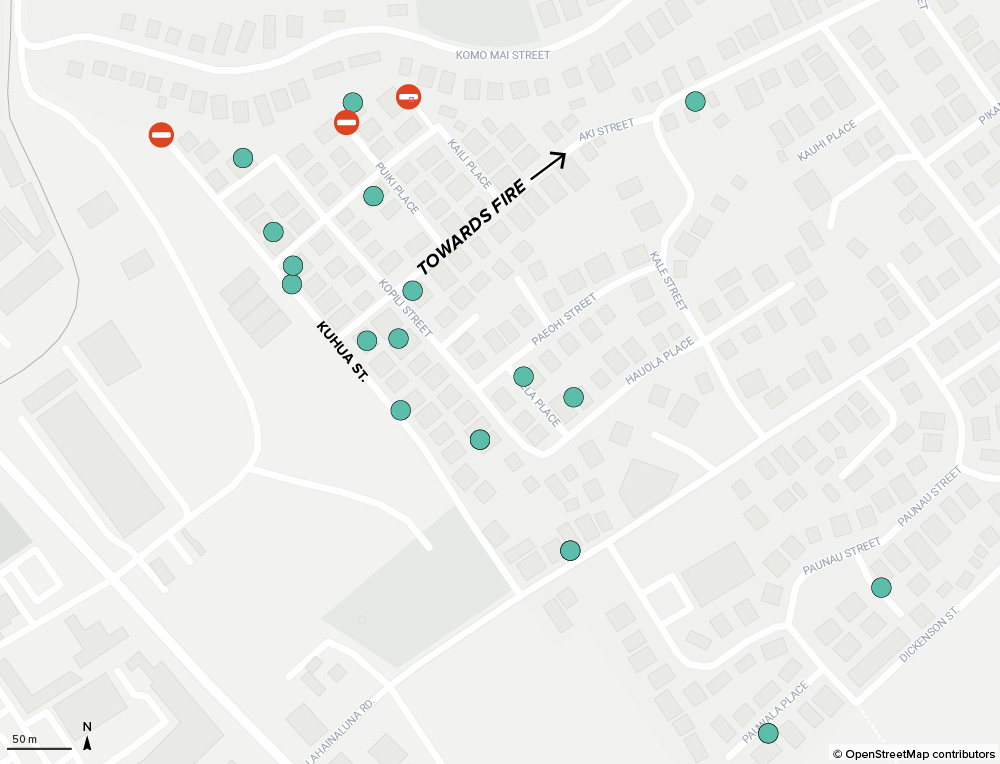 Map marking homes of fire victims who died on Kuhua St. during the Aug 8 Maui wildfire