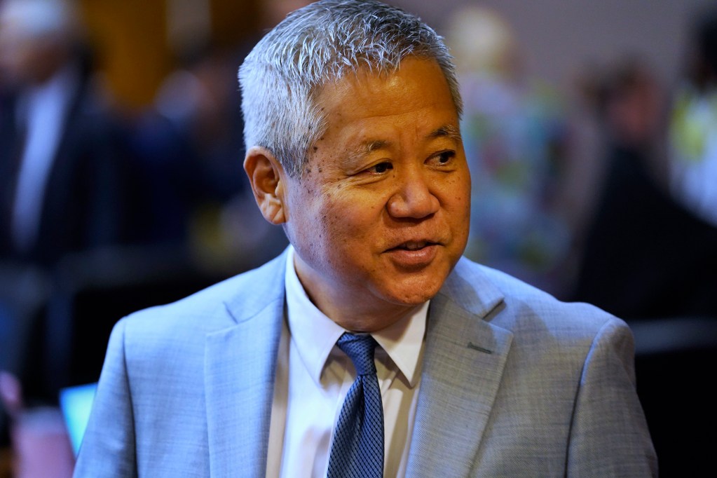 House of Representatives Speaker Scott Saiki chats with the media before passing the state budget HB1800 HD1 Wednesday, March 13, 2024, in Honolulu. Representatives voted to pass its third reading to cross over to the senate. (Kevin Fujii/Civil Beat/2024)