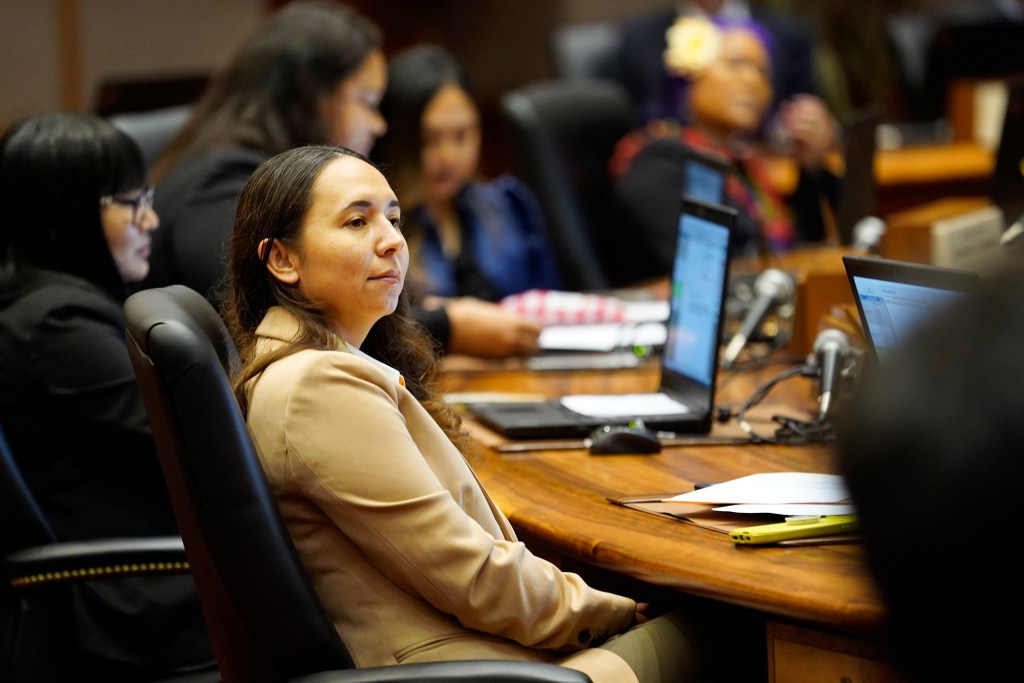 Rep. Mahina Poepoe listens to comments during the House of Representatives discussion on state budget HB1800 HD1 Wednesday, March 13, 2024, in Honolulu. The House of Representatives voted to pass its third reading to cross over to the senate. (Kevin Fujii/Civil Beat/2024)