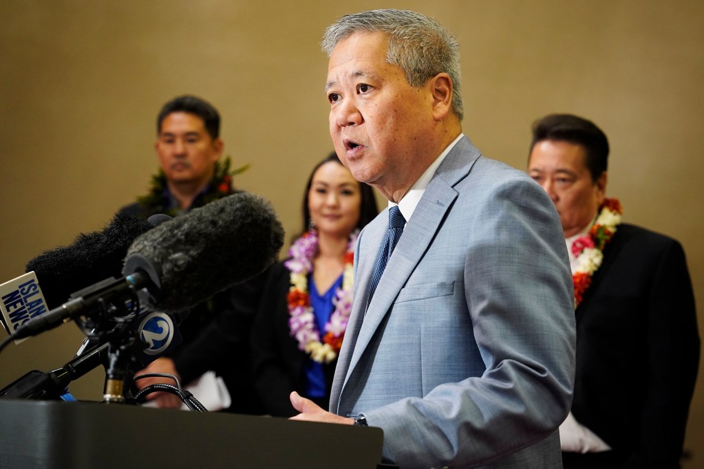 Speaker of the House of Representatives Scott Saiki speaks to the press about state budget HB1800 HD1 Wednesday, March 13, 2024, in Honolulu. Representatives voted to pass its third reading to cross over to the senate. (Kevin Fujii/Civil Beat/2024)