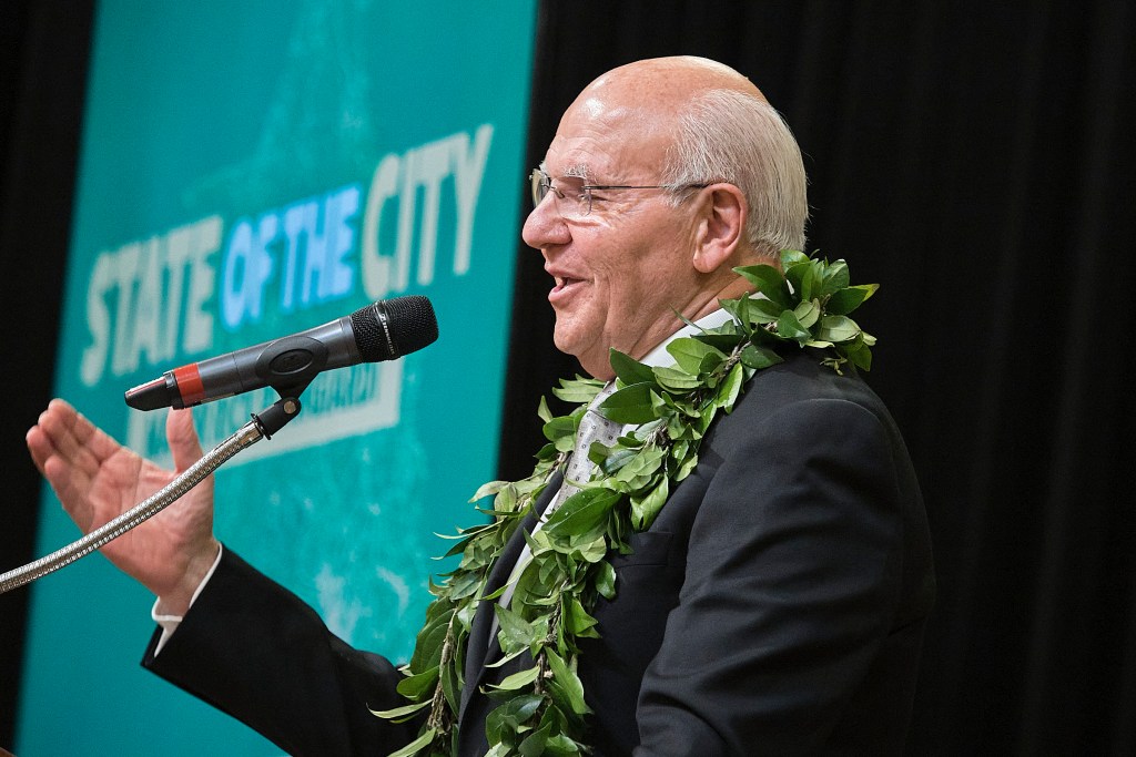 Mayor Rick Blangiardi addresses guests and Cabinet members at his annual State Of The City Address. (David Croxford/Civil Beat/2024)
