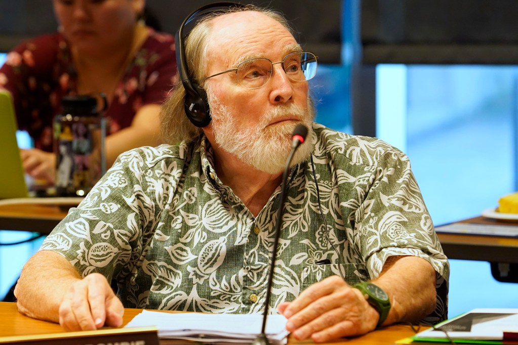 The University of Hawaii Regent Neil Abercrombie listens to a speaker during the Board of Regents meeting Thursday, March 21, 2024, in Honolulu. On the agenda was electing officers after former Chair Alapaki Nahale-a was not re-confirmed by the state Senate. (Kevin Fujii/Civil Beat/2024)