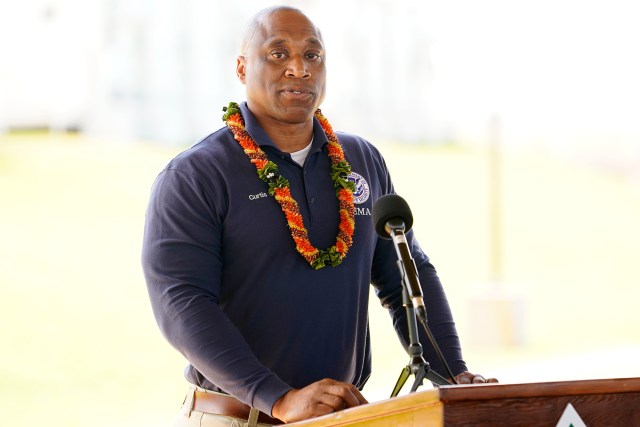 Curtis Brown, deputy federal coordinating officer, Federal Emergency Management Agency, speaks during the King Kamehameha III Elementary School’s temporary Pulelehua campus blessing ceremony Monday, March 25, 2024, in Lahaina. Kam3’s building was destroyed the Aug. 8 fire. (Kevin Fujii/Civil Beat/2024)