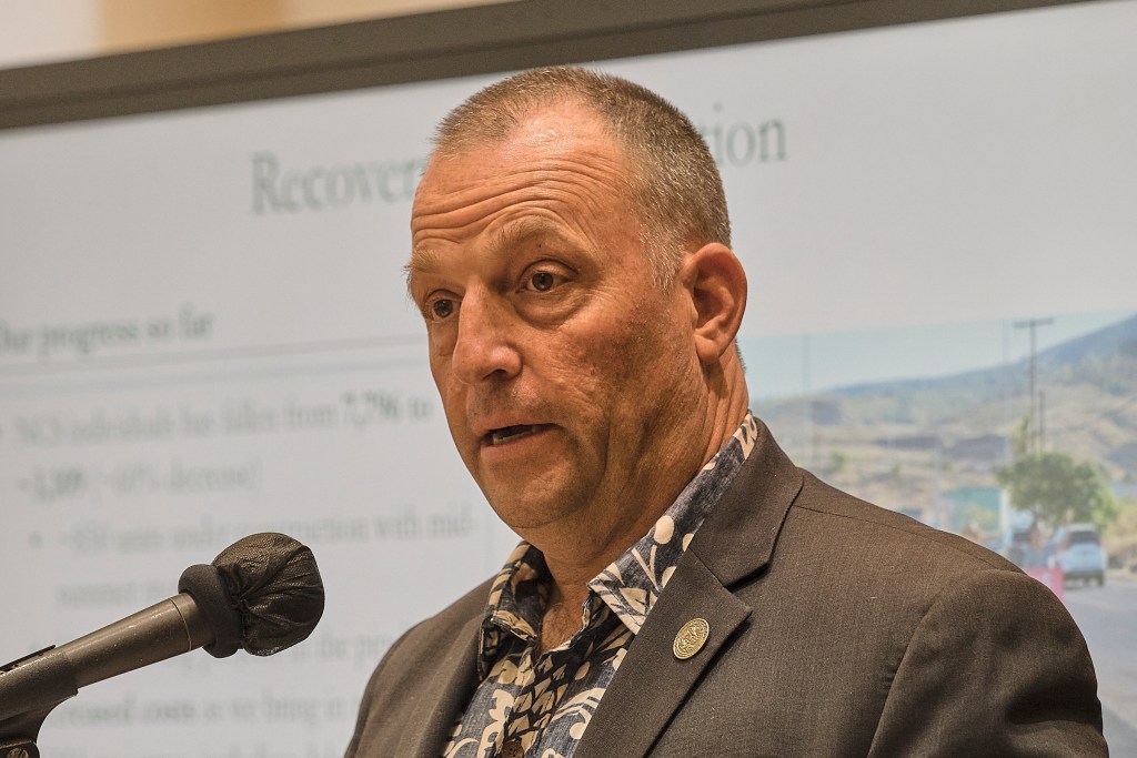 Hawaii Governor Dr. Josh Green speaks at a press conference updating the Maui Fire housing situation at the Office of the Governor Wednesday March 27th, 2024.(David Croxford/Civil Beat/2024)