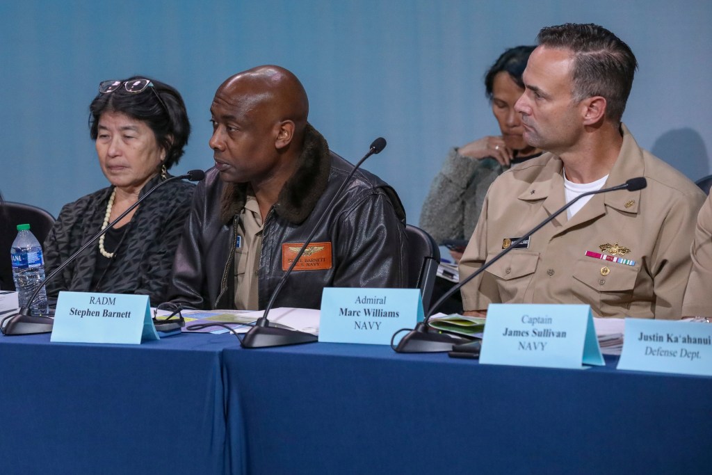 Rear Adm. Steve Barnett, left, commander, Navy Closure Task Force-Red Hill (NCTF-RH) and Rear Adm. Marc Williams, deputy commander, NCTF-RH discuss the progress of the closure mission for the Red Hill Bulk Fuel Storage Facility (RHBFSF) with elected members of the Community Representation Initiative and representatives from the Environmental Protection Agency and Hawaii Department of Health in Honolulu, Hawaii, Mar. 21, 2024. Charged with the safe decommissioning of the RHBFSF, NCTF-RH was established by the Department of the Navy as a commitment to the community and the environment. The Navy continues to engage with the people of Hawaii, regulatory agencies, and other stakeholders as NCTF-RH works to safely and deliberately decommission the RHBFSF. (U.S. Navy photo by Mass Communication Specialist 1st Class Glenn Slaughter)