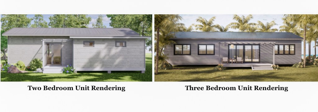 These are two designs of prefabricated homes that the state Department of Human Services will be using for its temporary group housing in Lahaina. (Courtesy: Department of Human Services)