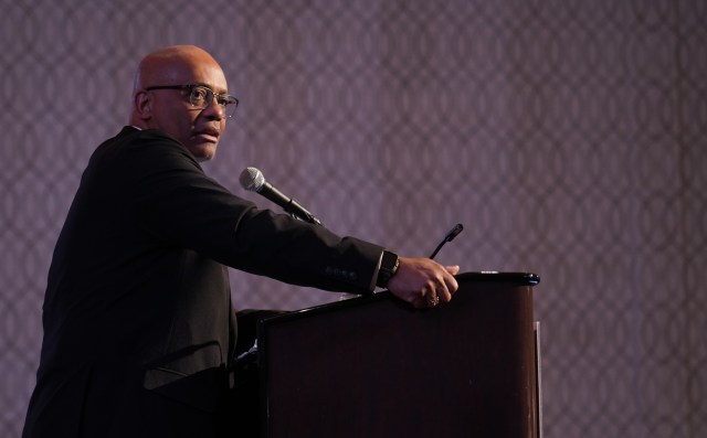 International Association of Fire Chiefs President John Butler delivers his opening remarks at the WUI Conference in Reno, Nevada on Wednesday March 27. Butler is also fire chief at Fairfax County's fire department, in Virginia. 