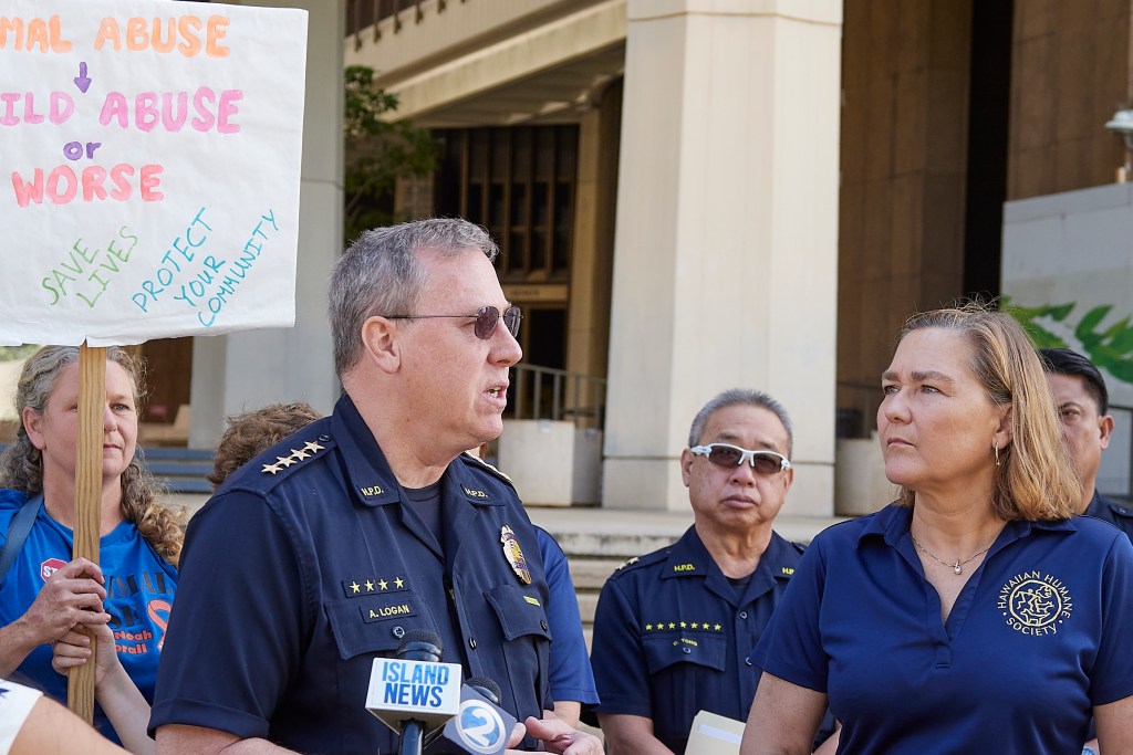 Stephanie Kendrick from Hawaii Humane Society speaks at a press conference at the Hawaii State capital building and was accompanied by HPD Police Chief Joe Logan, photographed April 9th, 2024.(David Croxford/Civil Beat/2024)