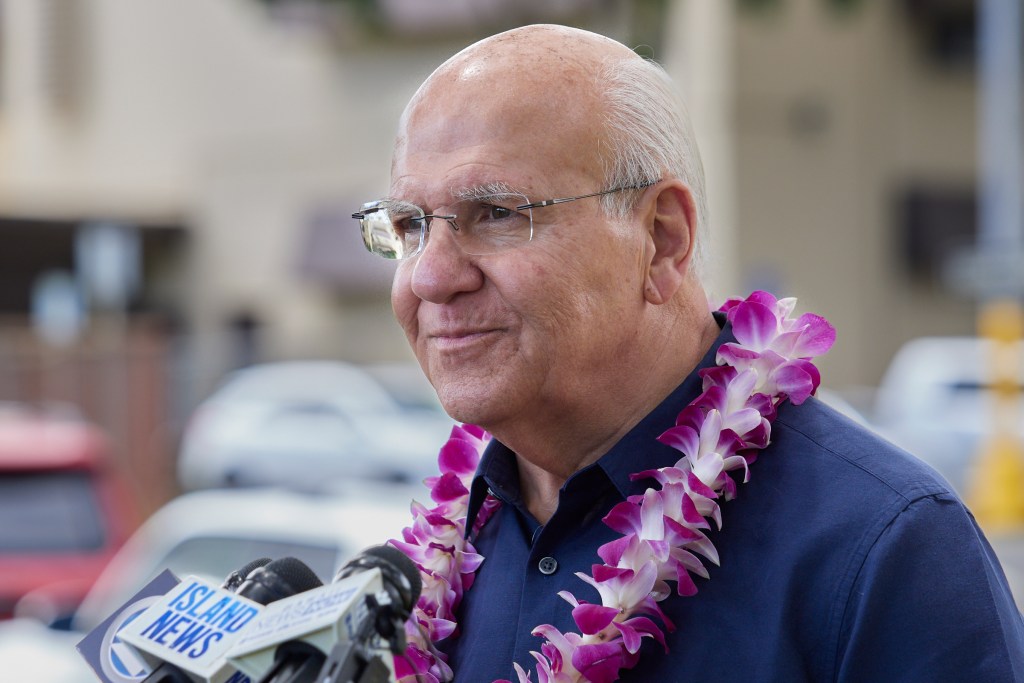 At a press conference held on the grounds of Kaneohe District Park, Honolulu Mayor Rick Blangiardi spoke about how much thought and community discussion had precluded the decision remove the Haiku Stairs. Photographed April 10th, 2024.(David Croxford/Civil Beat/2024)