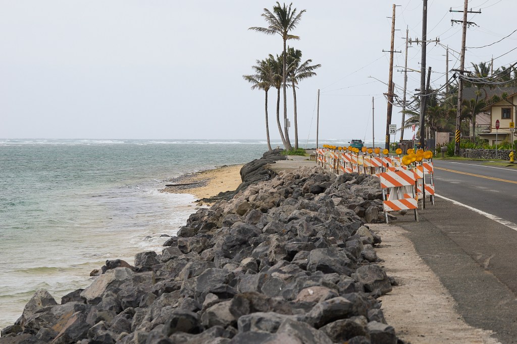 Kamehameha Highway from Kualoa Ranch to Hauula runs along some of the most scenic coastland areas on O’ahu, But these same coastland roads are often subjected to treacherous weather that has caused much  roadway damage along its exposed sections. (David Croxford/Civil Beat/2024)