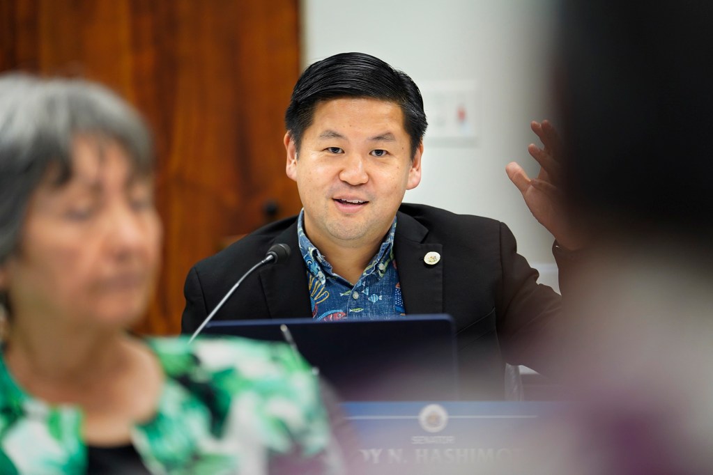 Senate committee on higher education member Sen. Troy Hashimoto asks Michael Miyahira a question during his confirmation hearing to the University of Hawaii board of regents Tuesday, April 16, 2024, in Honolulu. (Kevin Fujii/Civil Beat/2024)