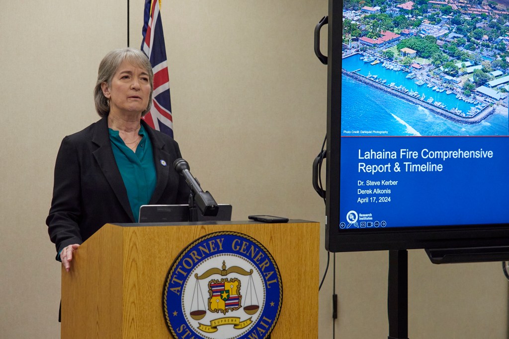 Hawaii State AG Anne Lopez along with Steve Kerber, (Jacket) Ph.D., PE, Fire Safety Research Institute (FSRI) vice president and executive director (FSRI is part of the UL Research Institutes) and Derek Alkonis, FSRI research program manager presented details of their findings in the Phase One release of the Lahaina Maui wildfire report. (David Croxford/Civil Beat/2024)