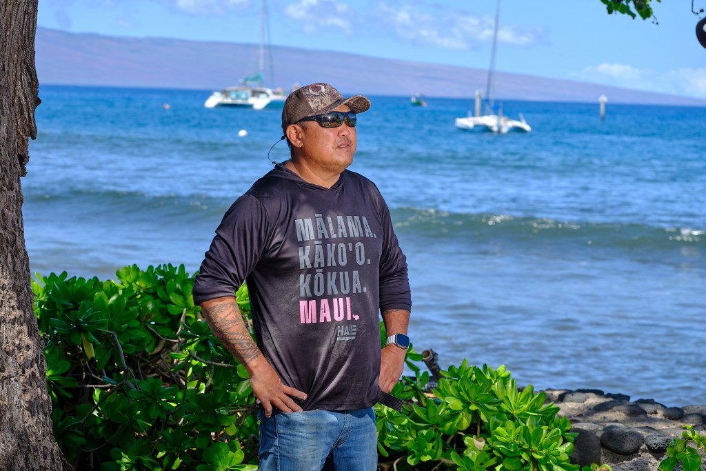 Jeremy Delasreyes a victim of the Lahaina wildfire photographed at one of his job sites in west Maui, Friday April 18th, 2024. He is angered by banks who have taken insurance payouts to fire victims and are holding them in escrow and paying minuscule amounts of interest while they are making large amounts of interest on the same money (David Croxford/Civil Beat/2024)