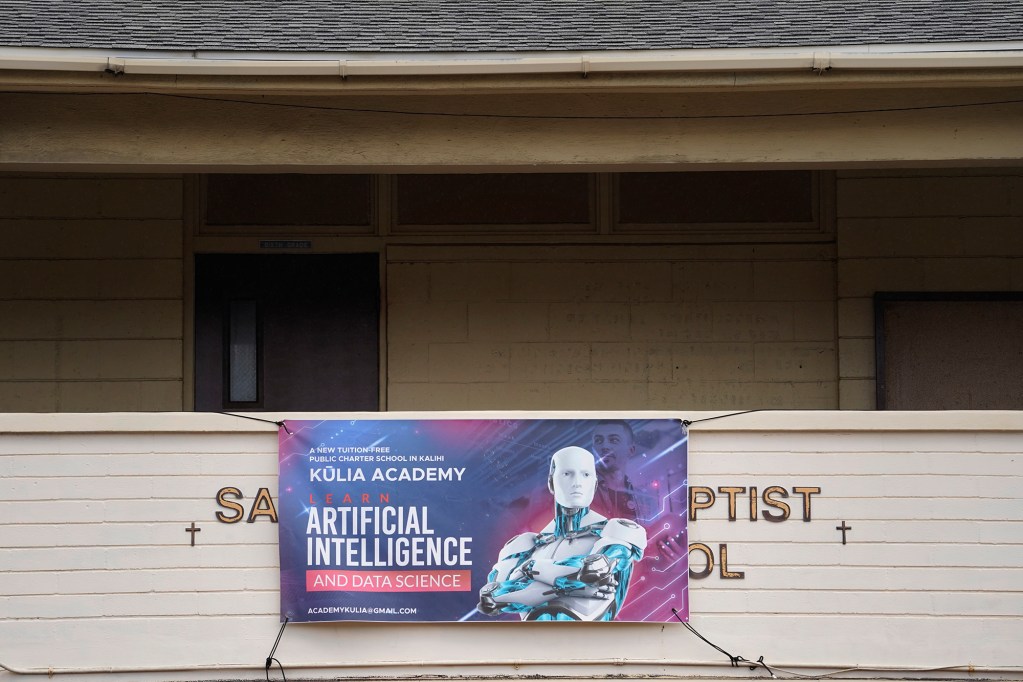 Kūlia Academy which specializes in artificial intelligence and data science education is photographed Wednesday, April 24, 2024, in Honolulu. This tuition-free charter school only accepts 100 sixth graders. (Kevin Fujii/Civil Beat/2024)
