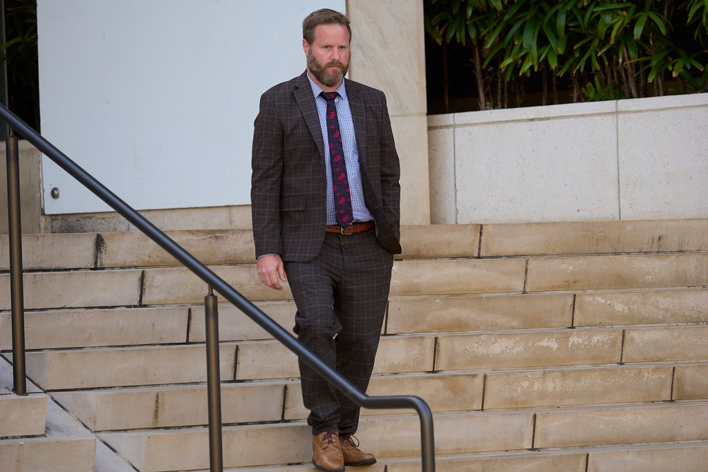 Jake Delaplanes photographed leaving Prince Jonah Kuhio Kalanianaole Federal Building and Courthouse following the days activities in the Kaneshiro Bribery Trial (David Croxford/Civil Beat/2024)