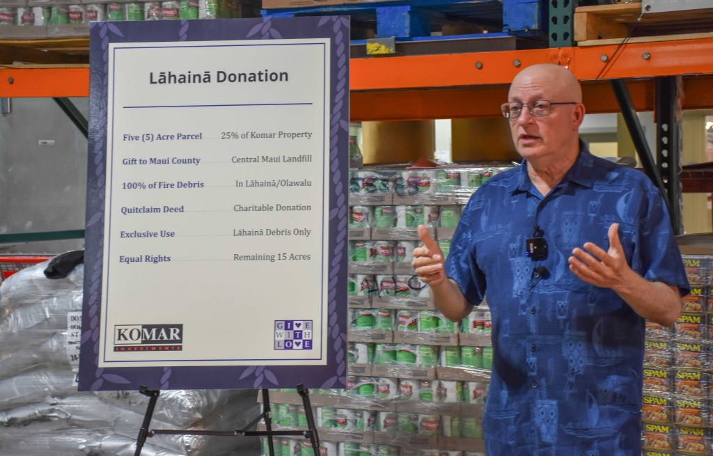 Andy Naden, executive vice president and general counsel of Komar Investments, announced the offer to donate 5 acres to Maui County to be used for a dump site for the Lahaina fire debris. (Cammy Clark/Civil Beat/2024)