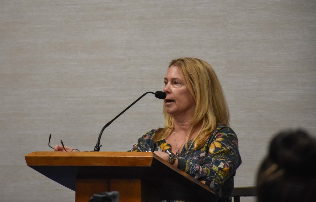 Maui Humane Society executive director Dr. Lisa Labrecque testified at a County Council meeting about the need for additional funding to fulfill its contract with the county. (Cammy Clark/Civil Beat/2024)
