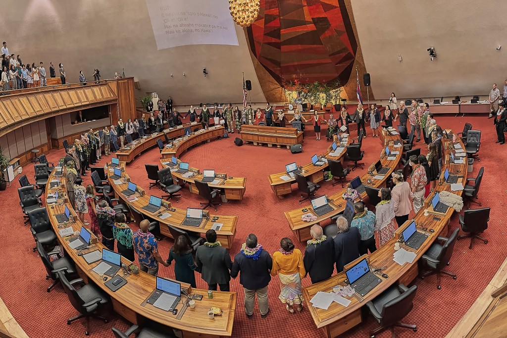 The House of Representatives concluded their final session of the 2024 Legislative season with Lei presentations to three legislators who combined to provide 46 years of service to their communities. Betrand Kobayashi, Cedric Gates and Scot Matayoshi all conclude their service with the end of this session (David Croxford/Civil Beat/2024)