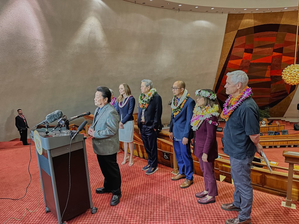 The House of Representatives concluded their final session of the 2024 Legislative season with Lei presentations to three legislators who combined to provide 46 years of service to their communities. Betrand Kobayashi, Cedric Gates and Scot Matayoshi all conclude their service with the end of this session (David Croxford/Civil Beat/2024)