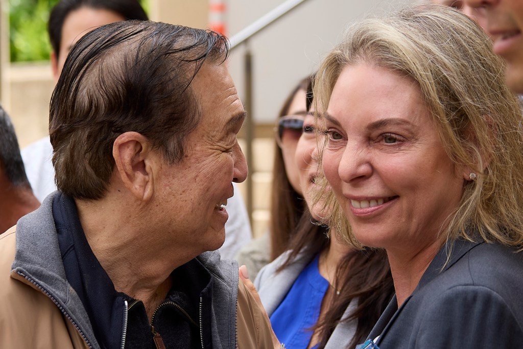 Following the Not Guilty verdict in the Kaneshiro/Mitsunaga et al bribery trial most of the defendants appeared outside the courthouse to speak with local press.
(David Croxford/Civil Beat/2024)
