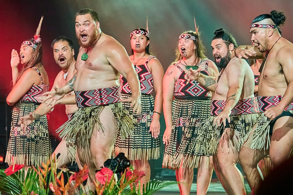 Some of FestPac’s most expressive Heritage Dance Performances were created by the Aotearoa contingent with the wahine showing off their Pukana (Eyes and Chin) expressions and the men - the Ta Moko Photographed June 13th, 2024. (David Croxford/Civil Beat/2024)