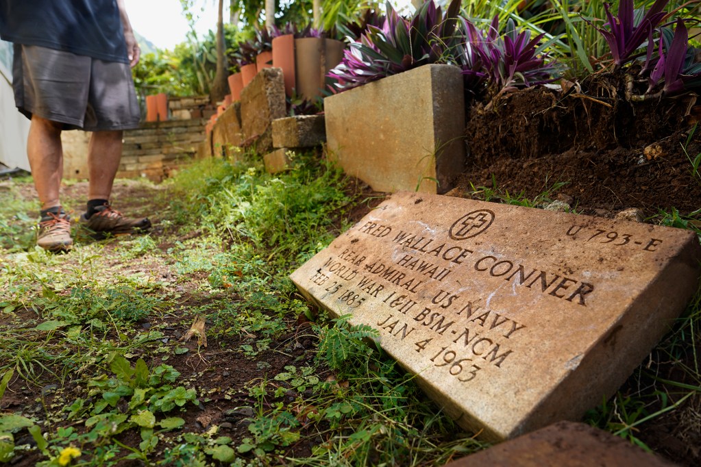 U.S. Navy Rear Admiral Fred Conner’s grave marker is being used for landscaping material Tuesday, June 18, 2024, in Honolulu. Adm. Conner fought in WW I and II. (Kevin Fujii/Civil Beat/2024)