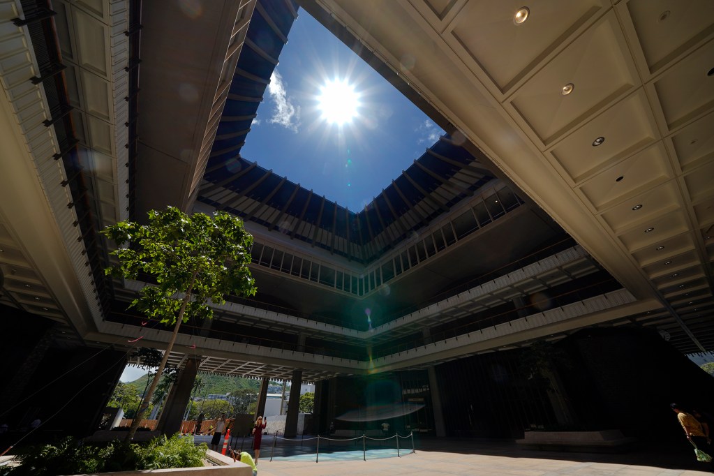 The sun beams into the Hawaii State Capitol rotunda on the summer solstice, Thursday, June 20, 2024, in Honolulu. It is the longest day of sunlight for the year. The sun reaches its highest point in the sky at 10:50 a.m. HST. (Kevin Fujii/Civil Beat/2024)