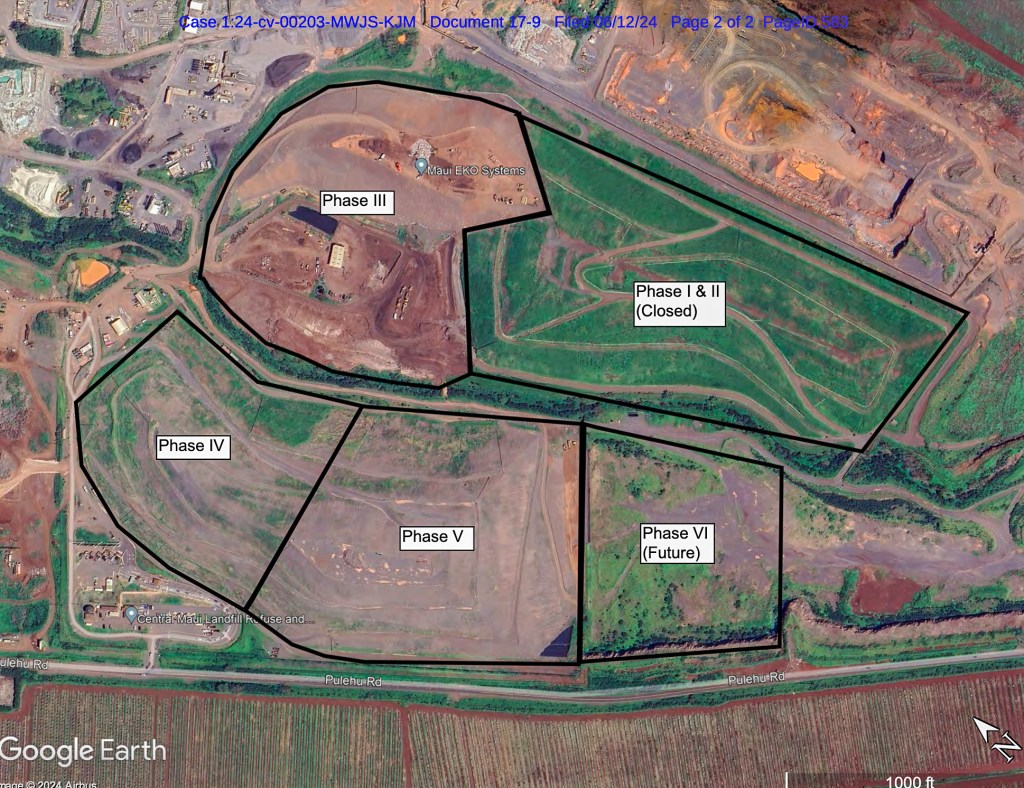 Map of Maui County's master landfill plan, with Phase VI the 20-acre parcel of land owned by Komar Maui Properties. (Maui County court exhibit)