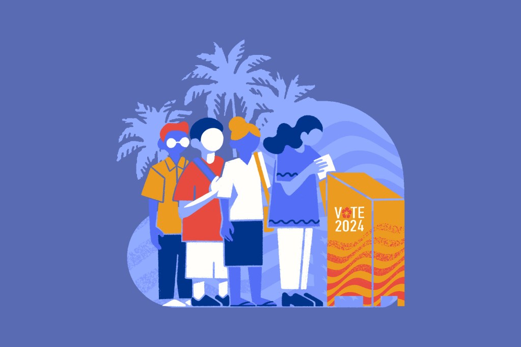 Illustration of a group of people in line at a ballot drop box