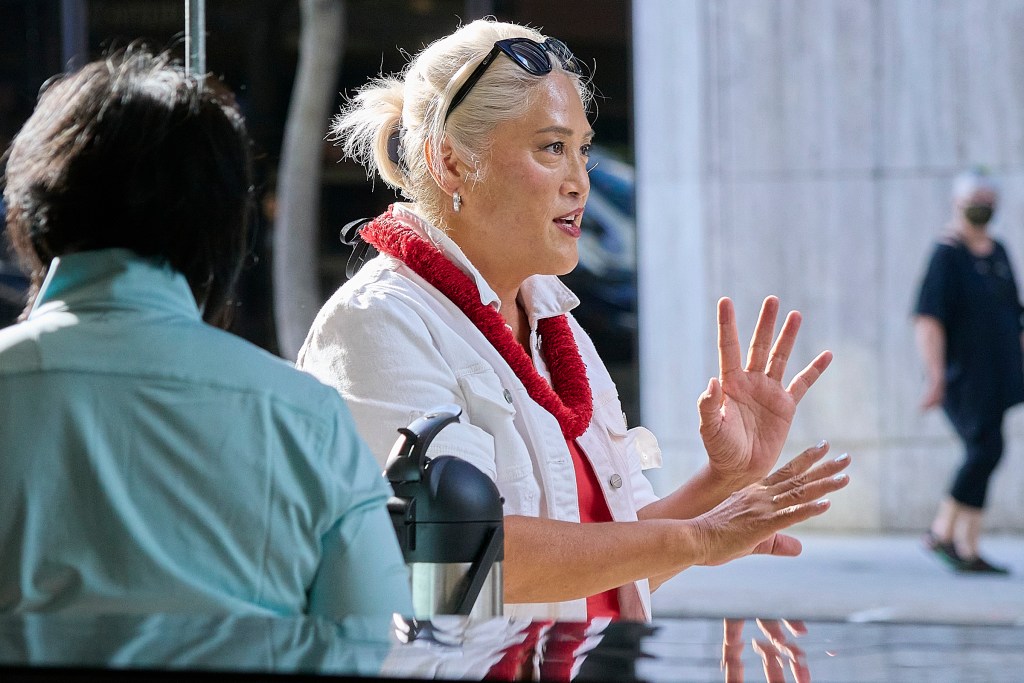 Kim Coco Iwamoto held another opportunity for electors to meet their candidates as she conducted her Òconversations and CoffeeÓ outreach on Bishop Street outside the Executive Center on Bishop Street on Saturday morning, July 6th, 2024(David Croxford/Civil Beat/2024)