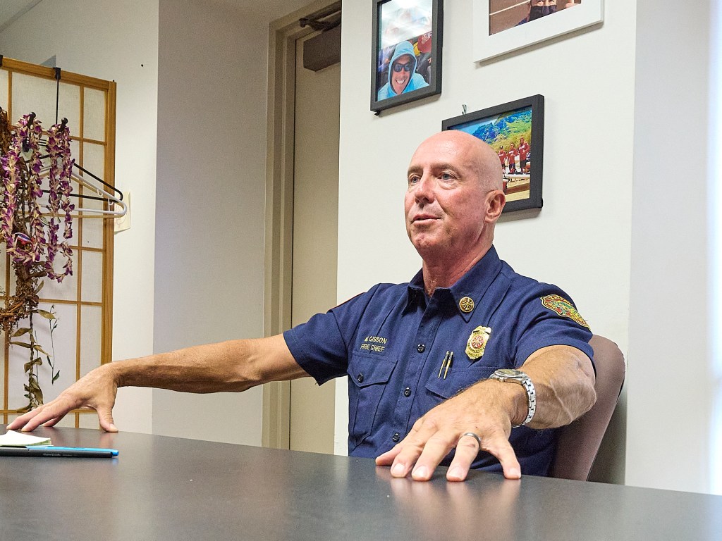 Kauai Fire Chief interviewed by Thomas Heaton at the Kauai County offices following the wildfire of July 15th 2024. The fire was contained fairly quickly by using both private and county resources working together to stop a similar outcome to those on Maui county in August 2023. Photographed July 16th, 2024 (David Croxford/Civil Beat/2024)