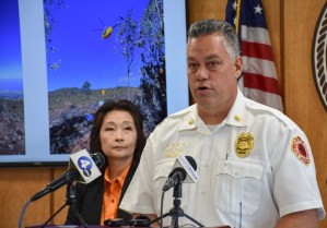 At a press conference on July 15, 2023, attended by Lt. Gov. Sylvia Luke, Maui Fire Chief Brad Ventura said the origin of the 574-acre Crater Road Fire in Upcountry is still under investigation. (Cammy Clark/Civil Beat/2024)