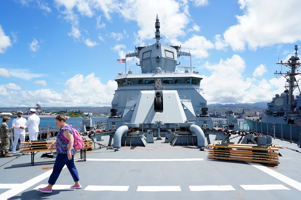 A view of from the bow deck of the German Navy frigate FGS Baden-Württemberg looks toward its five-inch gun and bridge Wednesday, July 31, 2024, in Honolulu. The German Navy is participating in the Indo-Pacific Deployment which includes the Baden-Württemberg and combat supply ship FGS Frankfurt am Main as part of RIMPAC. (Kevin Fujii/Civil Beat/2024)