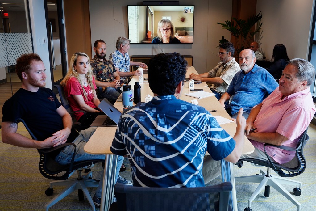 U.S. Senator Brian Schatz meets with the Honolulu Civil Beat editorial board Thursday, Aug. 15, 2024, in Honolulu. (Kevin Fujii/Civil Beat/2024)