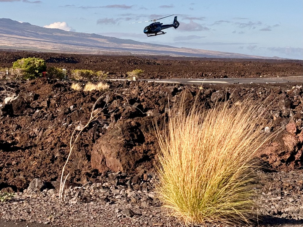 A Blue Hawaiian Airbus EC-130 helicopter lifts off from Blue Hawaiian's base in Waikoloa, Hawai'i Island, on a morning sight-seeing tour of the Big Island. Haualalai is in the background. (Naka Nathaniel/Civil Beat/2024)