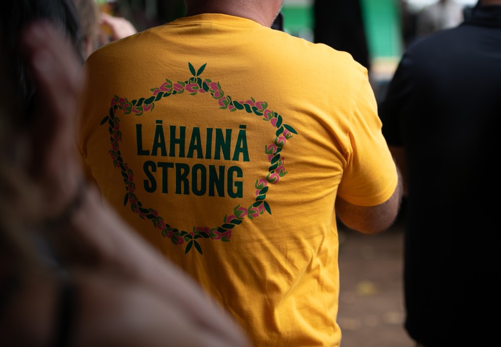 Many attending the paddle-out Thursday wore Lahaina Strong shirts. (Nathan Eagle/Civil Beat/2024)
