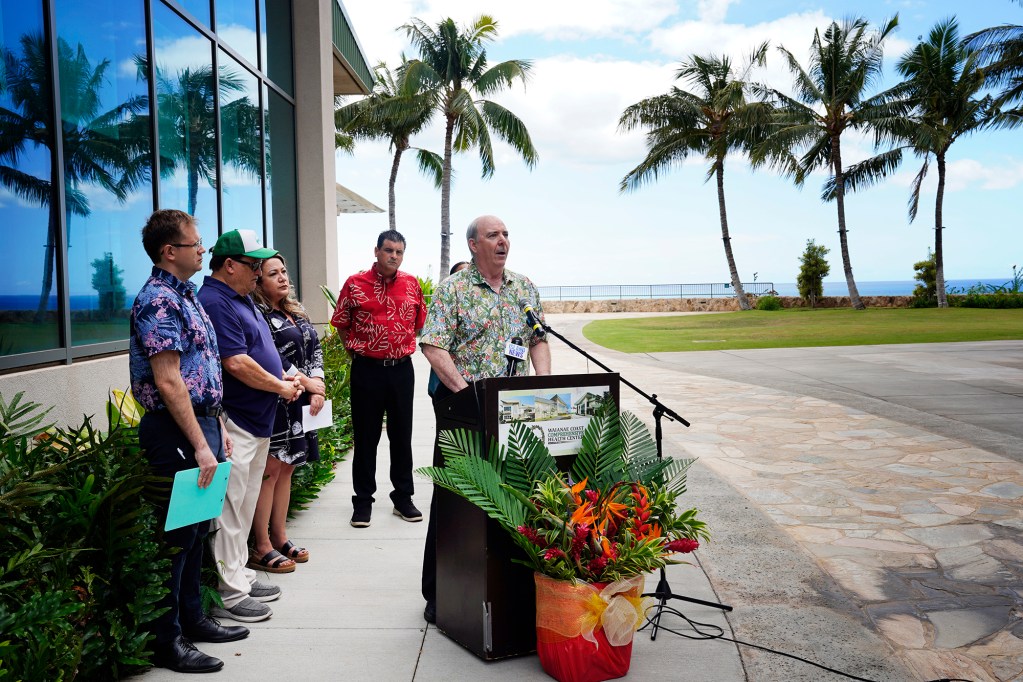 Waianae Coast Comprehensive Health Center Chief Medical Officer Dr. Stephen Bradley speaks during a news briefing Wednesday, Sept. 25, 2024, in Waianae. The West Oahu hospital discussed public health impacts from recent violence. (Kevin Fujii/Civil Beat/2024)