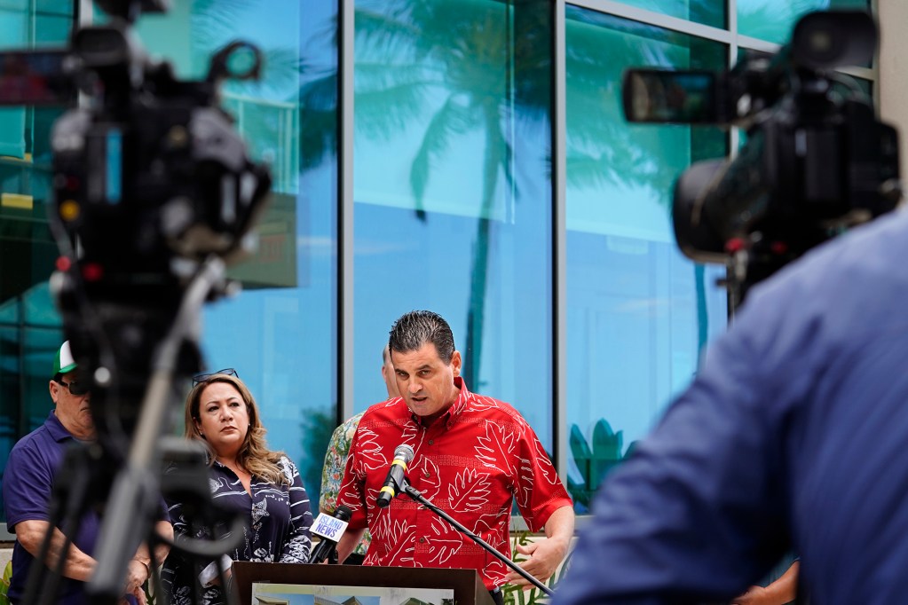 Waianae Coast Comprehensive Health Center Executive Vice President Nicholas Hughey speaks during a news briefing Wednesday, Sept. 25, 2024, in Waianae. The West Oahu hospital discussed public health impacts from recent violence. (Kevin Fujii/Civil Beat/2024)