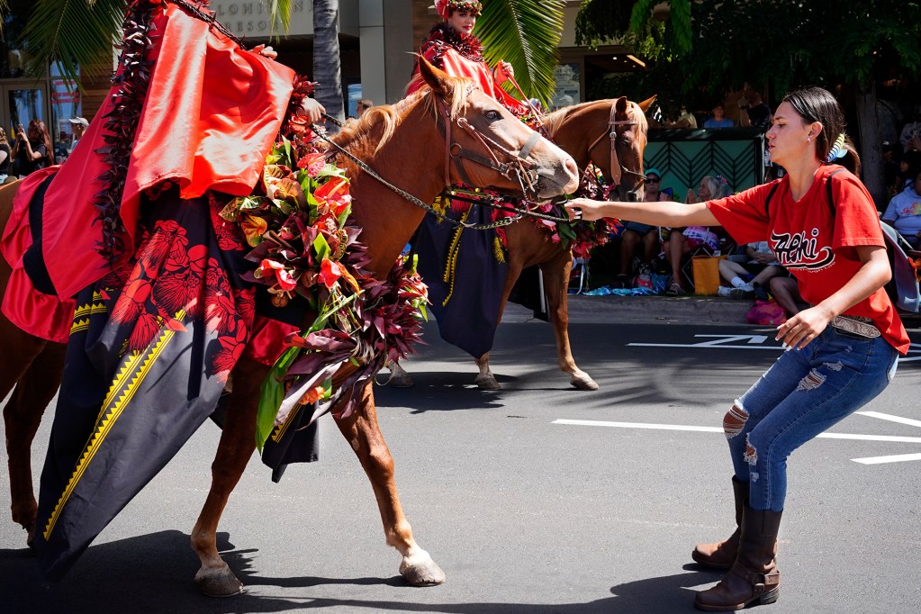 A stubborn horse is nudged along the Aloha Festivals 76th Annual Floral Parade Saturday, Sept. 25, 2024, in Honolulu. (Kevin Fujii/Civil Beat/2024)