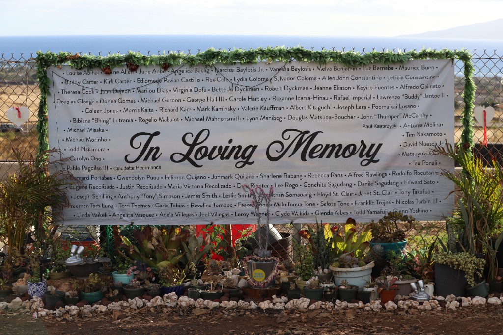 A sign at the Lahaina memorial names the residents who lost their lives during the fire last year. (Leo Azambuja/Civil Beat/2024)