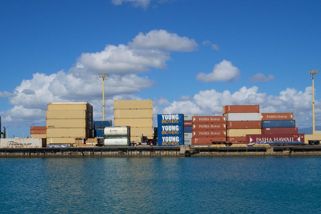 Honolulu port views showing Matson, Pasha and Young Brothers areas. The International Longshoremen's Association (ILA) is striking ports from Maine to Texas and at this point (October 1st, 2024) the strike is not expected to  affect Honolulu unless it spreads to the west coast.  (David Croxford/Civil Beat/2024)