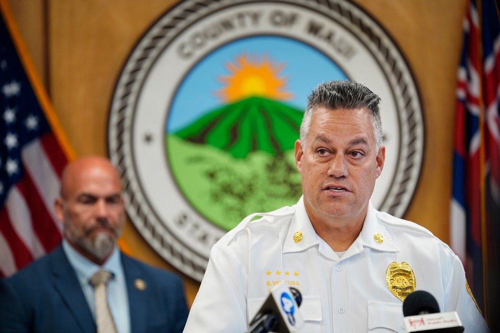 Maui County Department of Fire and Public Safety (MFD) Chief Brad Ventura releases the ATF report on the cause of the Aug. 8, 2023, fire Wednesday, Oct. 2, 2024, in Wailuku. This fire destroyed the town of Lahaina and killed 102 people. (Kevin Fujii/Civil Beat/2024)