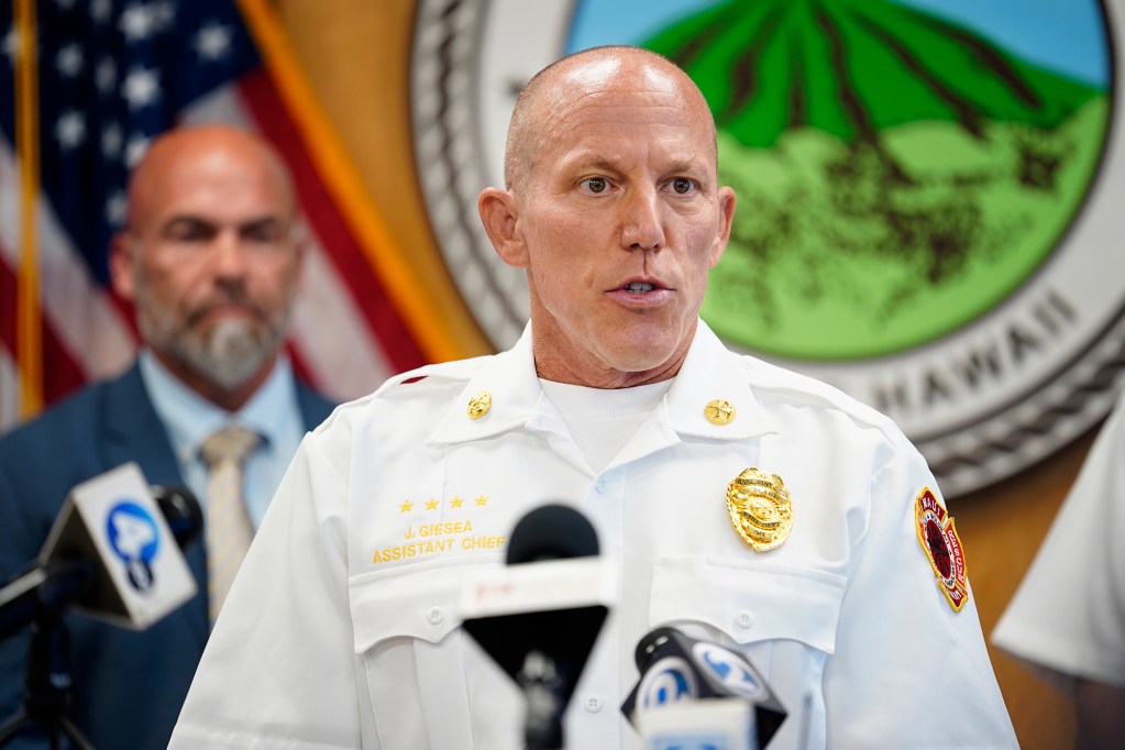 Maui County Department of Fire and Public Safety (MFD) Assistant Chief Jeffrey Giesea answers a question after the ATF report on the cause of the Aug. 8, 2023, fire Wednesday, Oct. 2, 2024, in Wailuku. This fire destroyed the town of Lahaina and killed 102 people. (Kevin Fujii/Civil Beat/2024)
