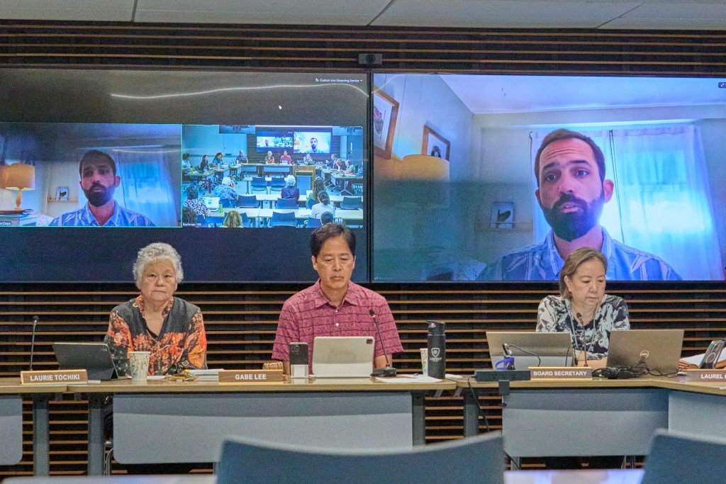 The University of Hawaii Board of Regents convened on October 16th 2024, to discuss and hear Public Testimony on the choices available for the new President.  Following the Public Testimony the BOR moved into Executive session. Ben Creps of the Public First Law Center testifies in favor of an open session discussing the candidates for the new UH Presidents position.(David Croxford/Civil Beat/2024)