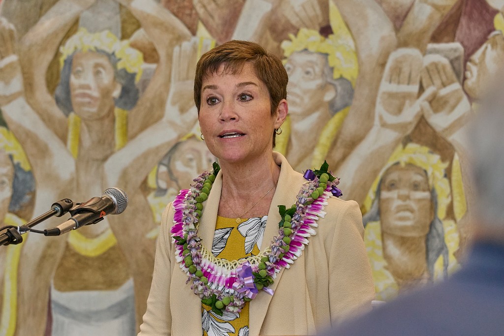 The University of Hawaii Board of Regents held a press conference in Bachman Hall at the University of Hawaii, October 17th, 2024 to present Wendy Hensel as their choice to replace the retiring President Dr. David Lassner.(David Croxford/Civil Beat/2024)